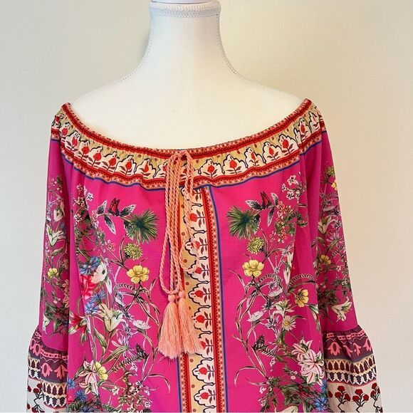 Umgee Boho Off Shoulder Paisley Floral Blouse Long Bell Sleeves - Picture 4 of 9